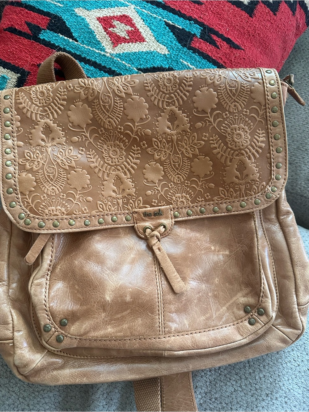 The Sak Tan Floral-Embossed Leather Backpack with Stud Accents